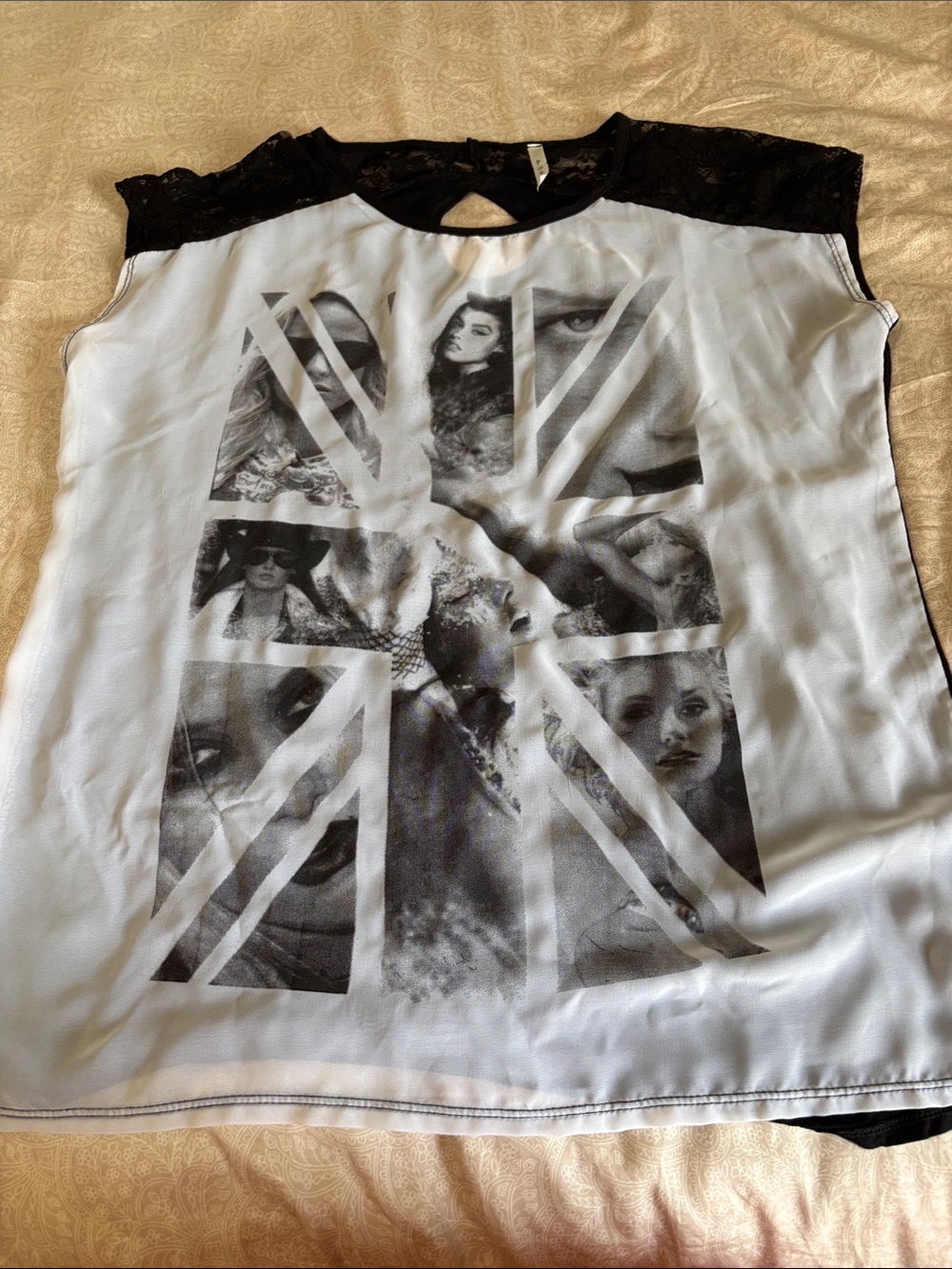 Poet Black and White Graphic Sheer Lace-Yoke Women's Top Union Jack